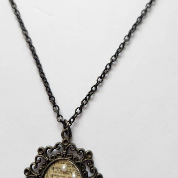 Vintage Brooch Pin Style Necklace Handmade with Text, Flower and Pearl Bookish - Picture 6 of 9